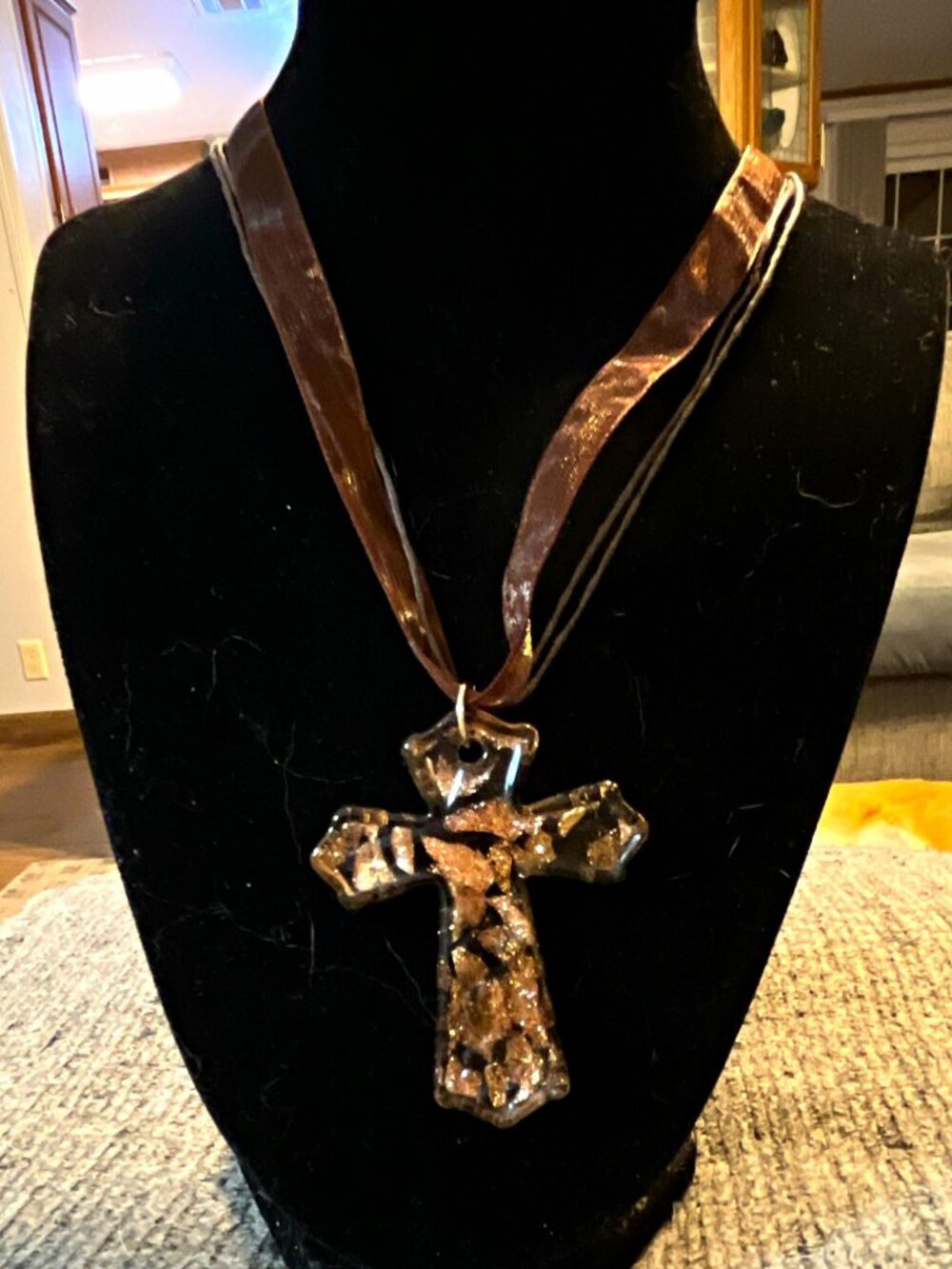 Religious Cross Pendant Necklace Brown/Black Ribbon Cord Lobster Clasp Extender